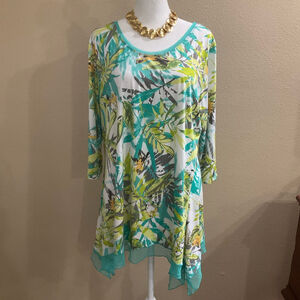 Multiples Tropical Print Asymmetrical Tunic Womens Large Boho Top tunic